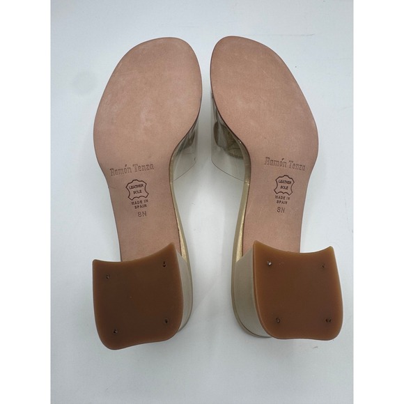 Vintage Ramon Tenza Gold Leather Floral Slide Sandals Clear Strap 8N Spain Rare - Picture 7 of 7